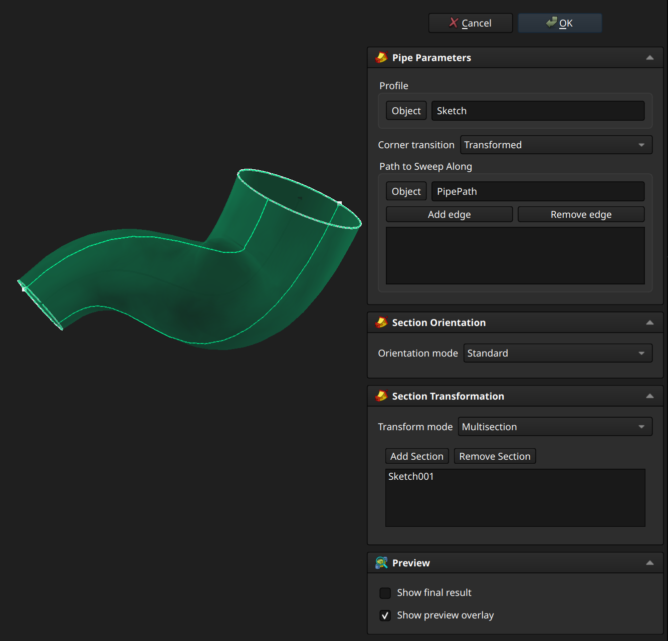 FreeCAD Part Design workbench pipe example